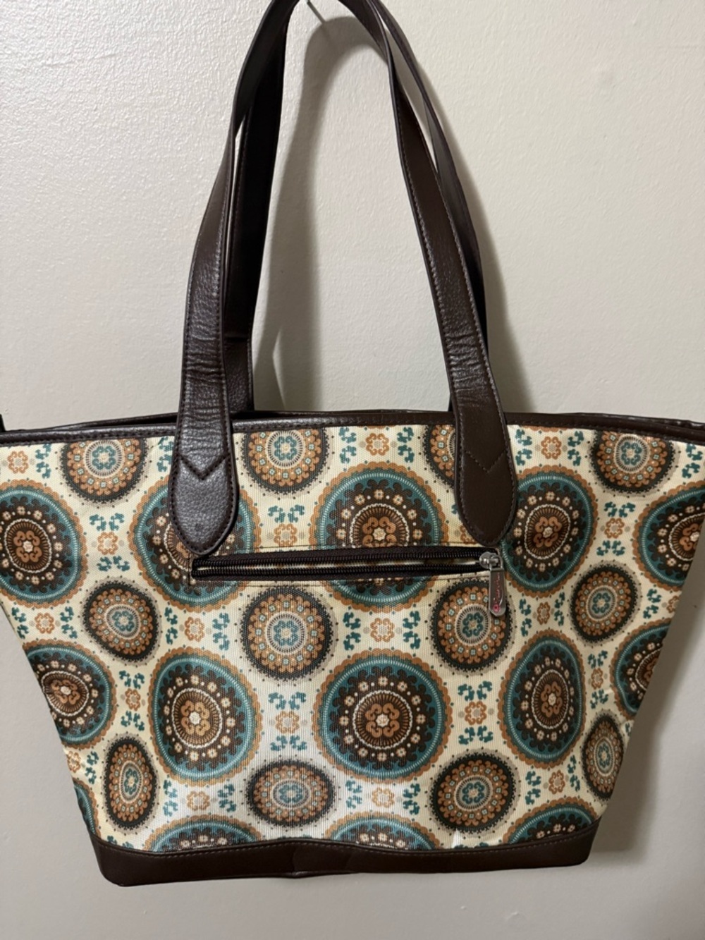 Bella Canvas Cream Tote with Teal and Brown Medallion Print - Picture 3 of 7